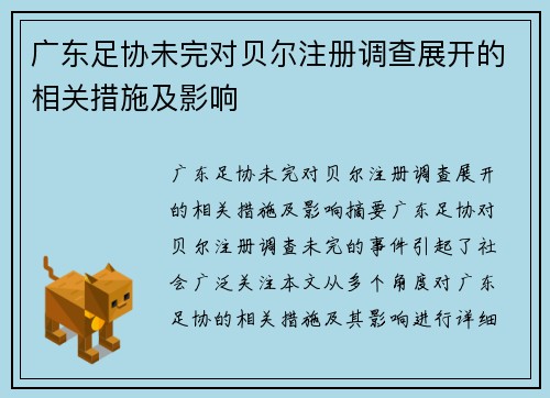 广东足协未完对贝尔注册调查展开的相关措施及影响